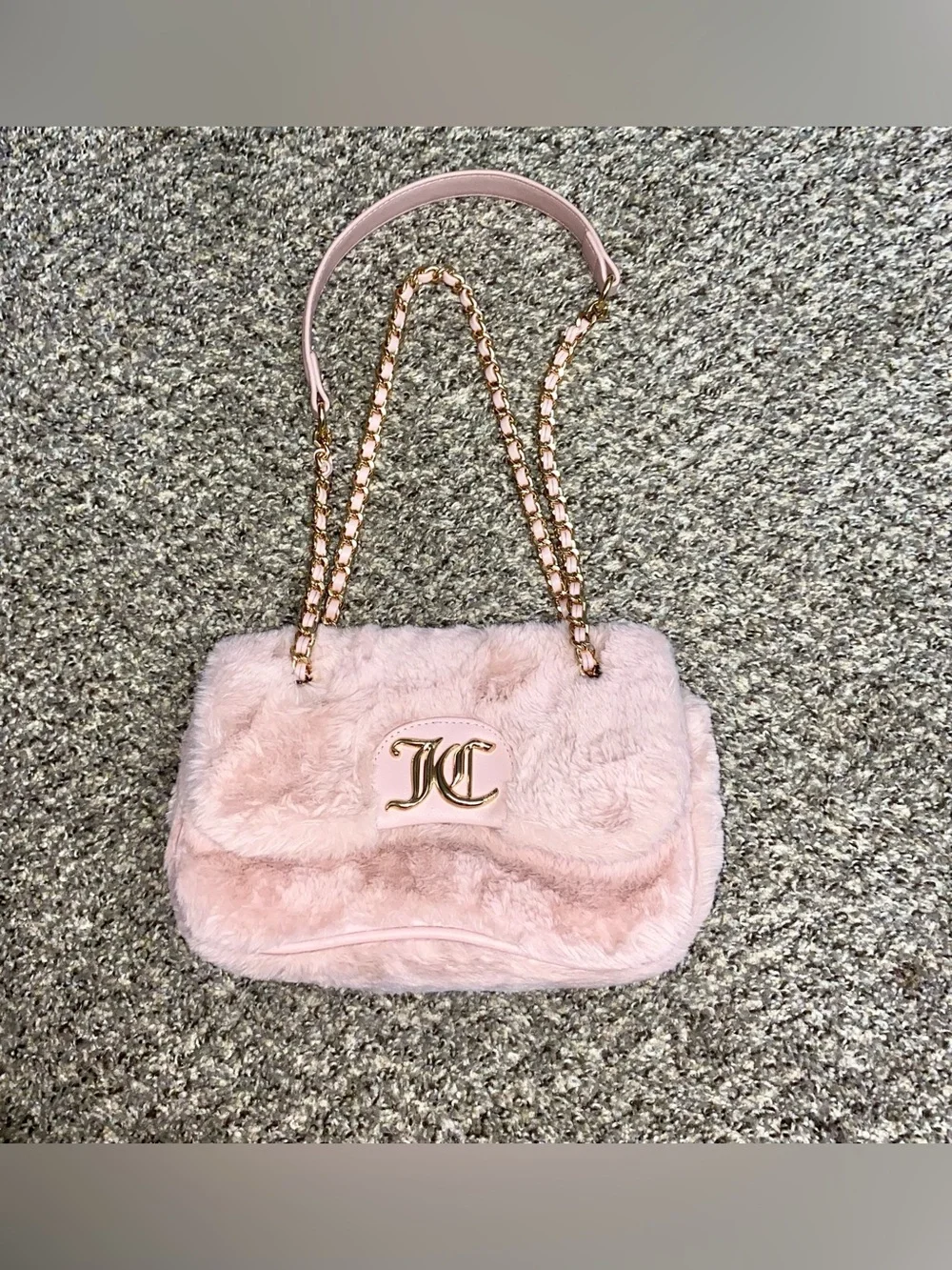 Juicy Couture Pink Faux Fur Shoulder Bag with Rose Gold Chain